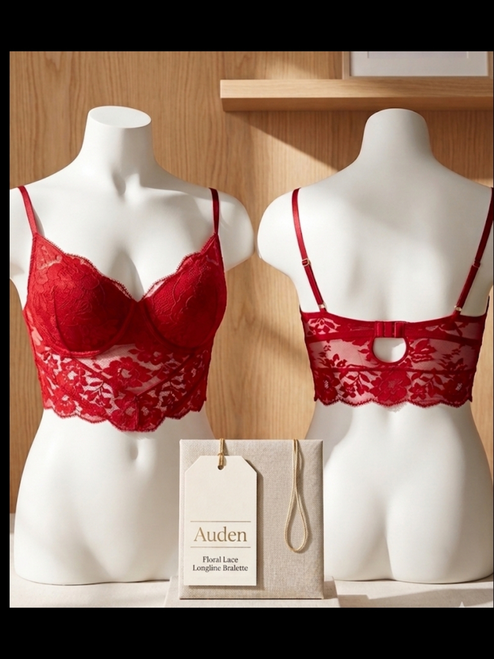 Auden Red Floral Lace Longline Bralette
